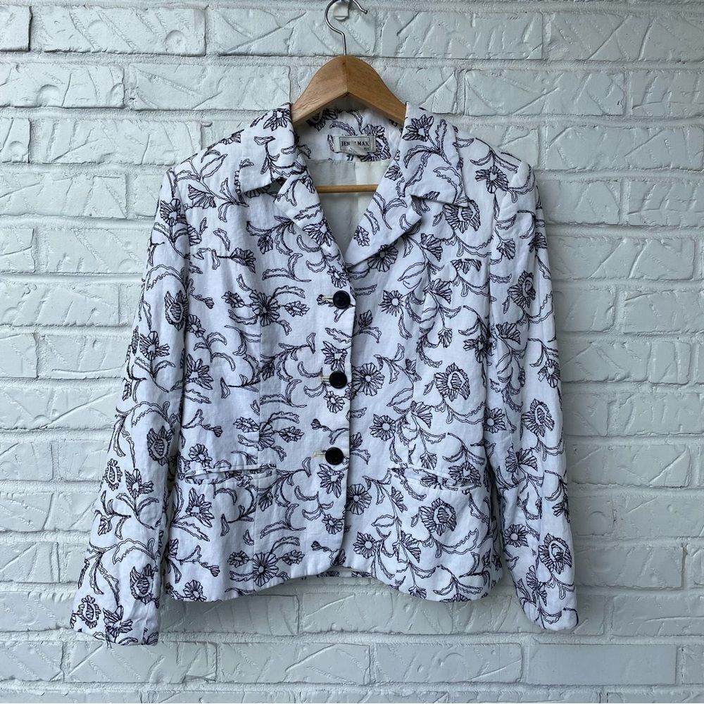 Vintage Jenni Max Linen Embroidered White and Black Blazer